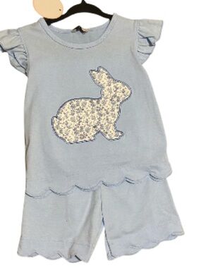 Abby & Evie Bunny Appliqué Shorts Set Ruffled Sleeve Scalloped Hem NWT Sz 12mth